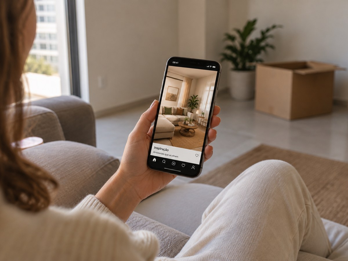 Mulher segurando celular com referência de sala de estar, sentada num apartamento vazio em mudança